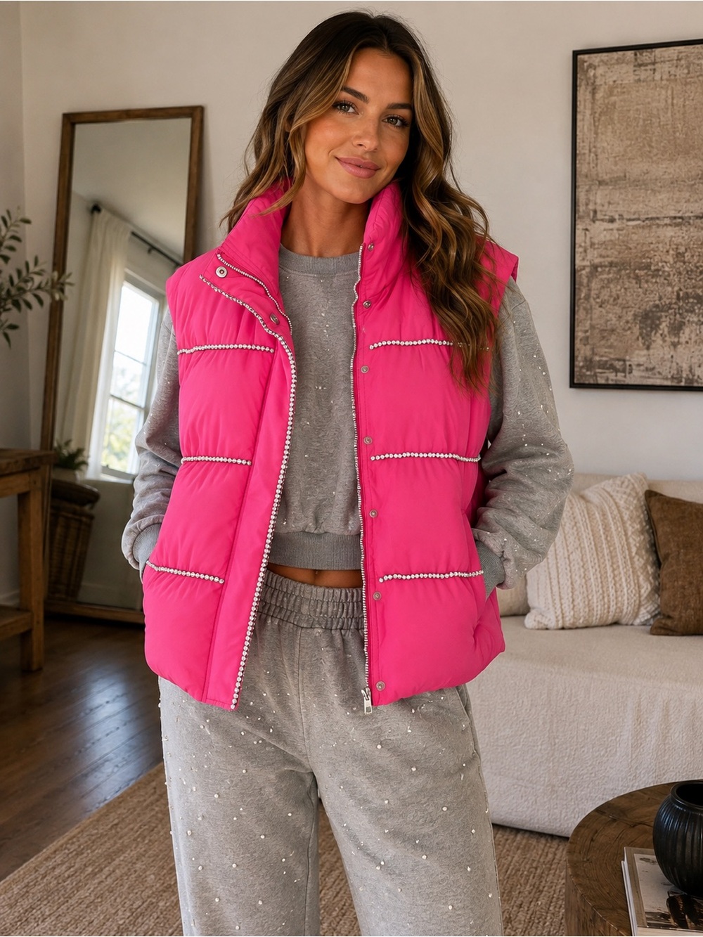 Women's TCEC Boutique Hot Pink Puffer Vest - Lightweight Quilted Vest with bling